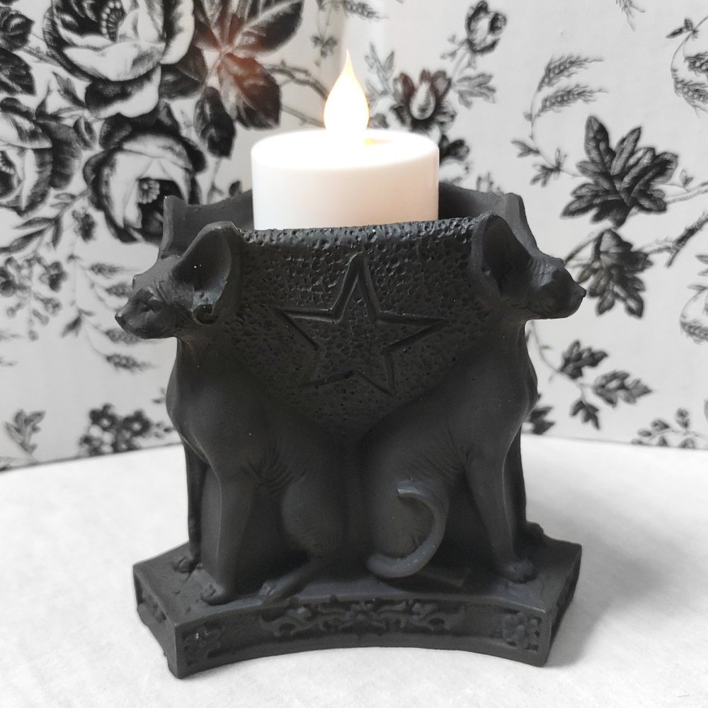 Triple Sphinx Tealight Candle Holder • Cat Candleholder Plaster Statue • Gothic